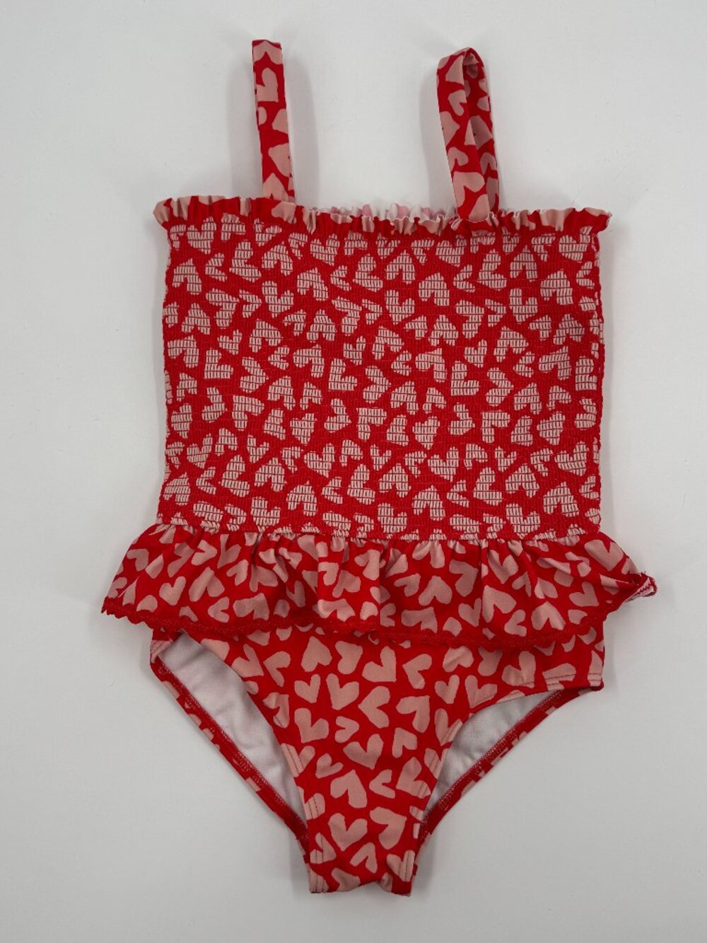 Mini Boden One Piece Swimsuit Girls 7-8Y Red Pink Heart Smocked Ruffle